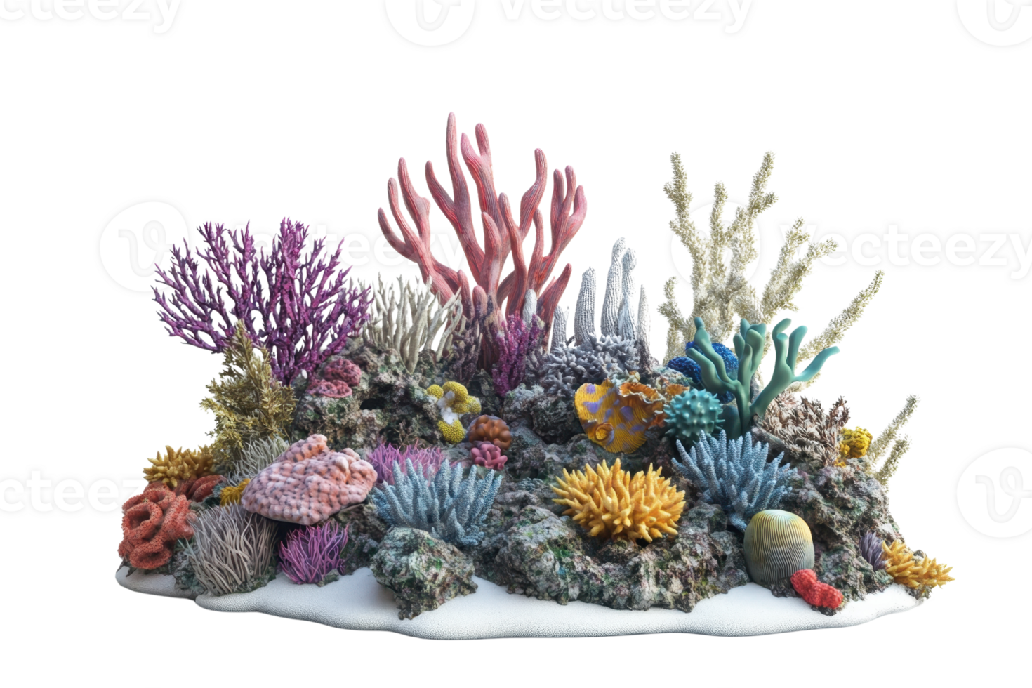Colorful coral reef with diverse marine life, showcasing vibrant underwater ecosystem in a tropical ocean setting. png