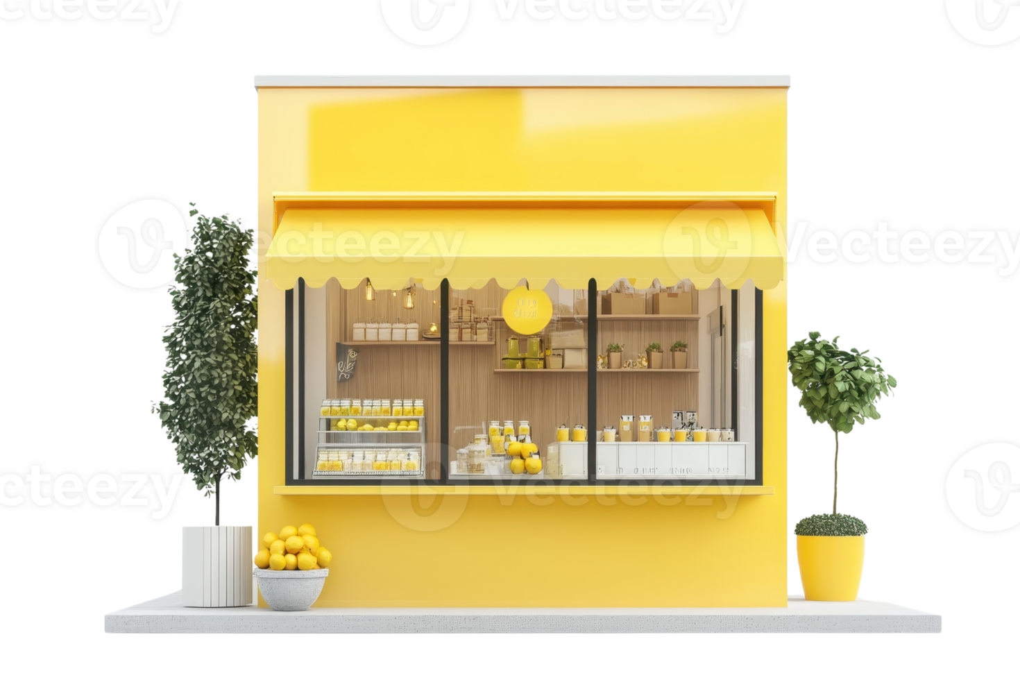 Fresh and vibrant yellow lemonade stand with citrus and plants, perfect for summer thirst-quenching. Outdoor beverage kiosk. png
