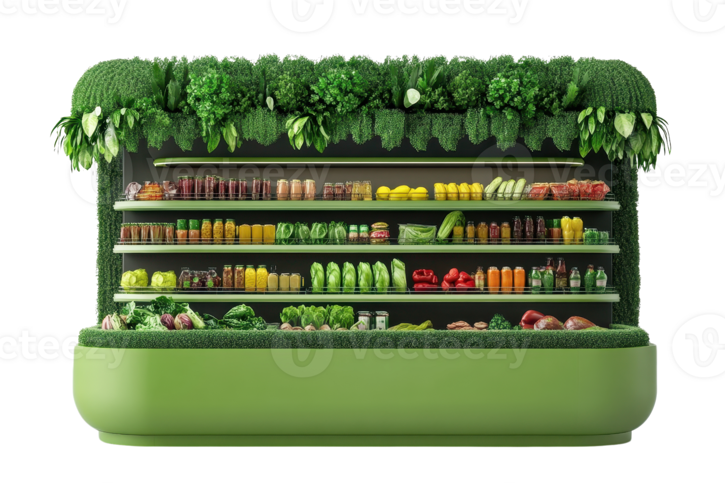 Fresh produce display with various fruits and vegetables organized on shelves in a grocery store. Vibrant and healthy organic food. png