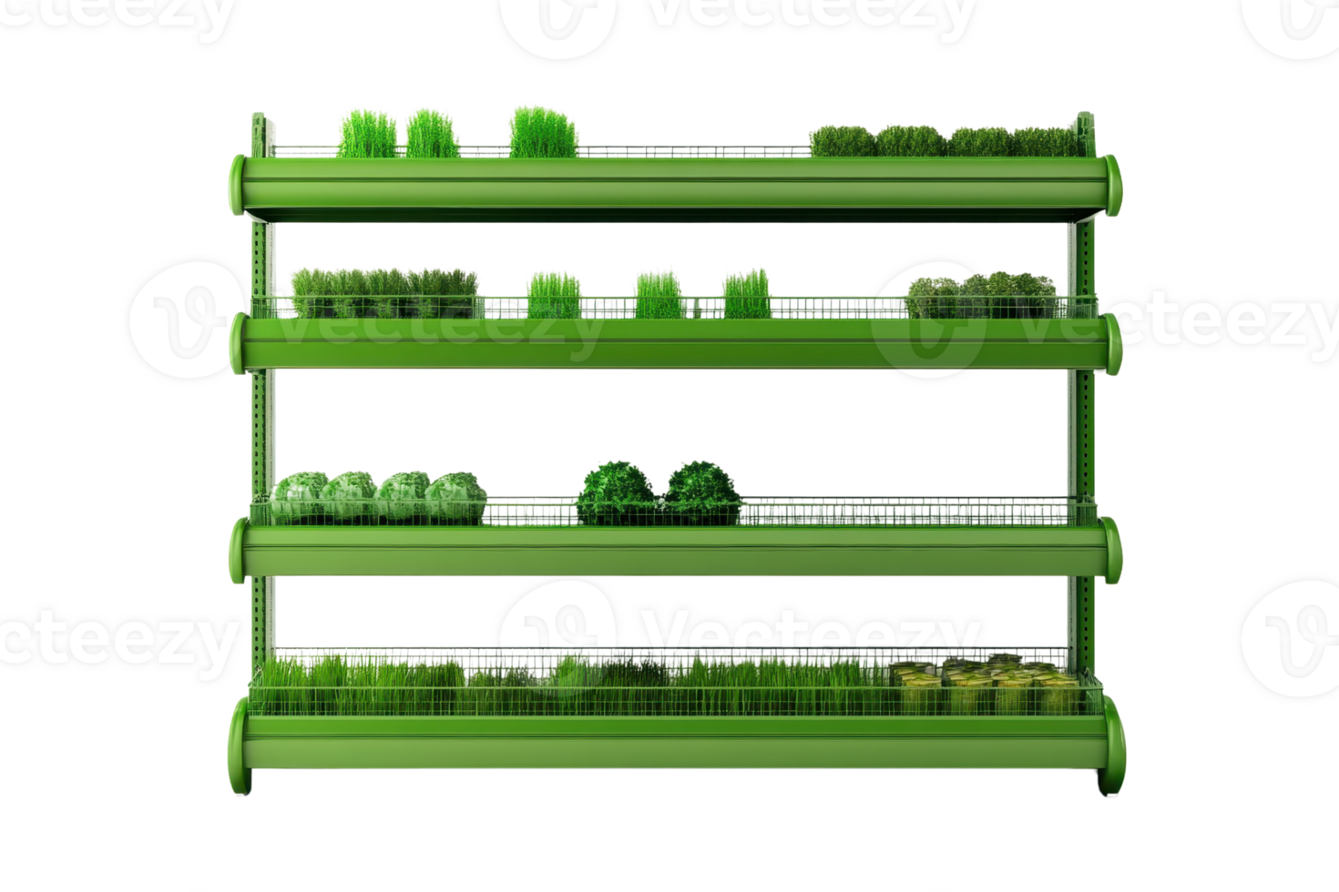 Hydroponic system with green plants growing on multiple shelves, emphasizing sustainable and indoor farming techniques. png