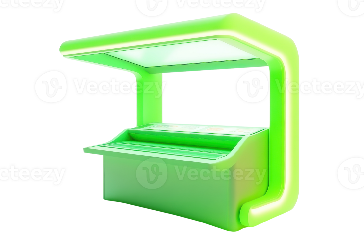 Modern green illuminated kiosk isolated on a transparent background. Futuristic design for commercial or promotional use. png