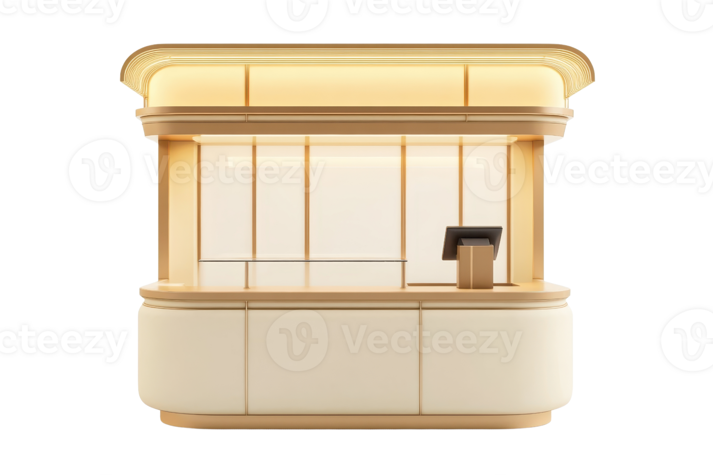 Modern, minimalistic reception desk with sleek design and illuminated top panel, perfect for contemporary office interiors. png