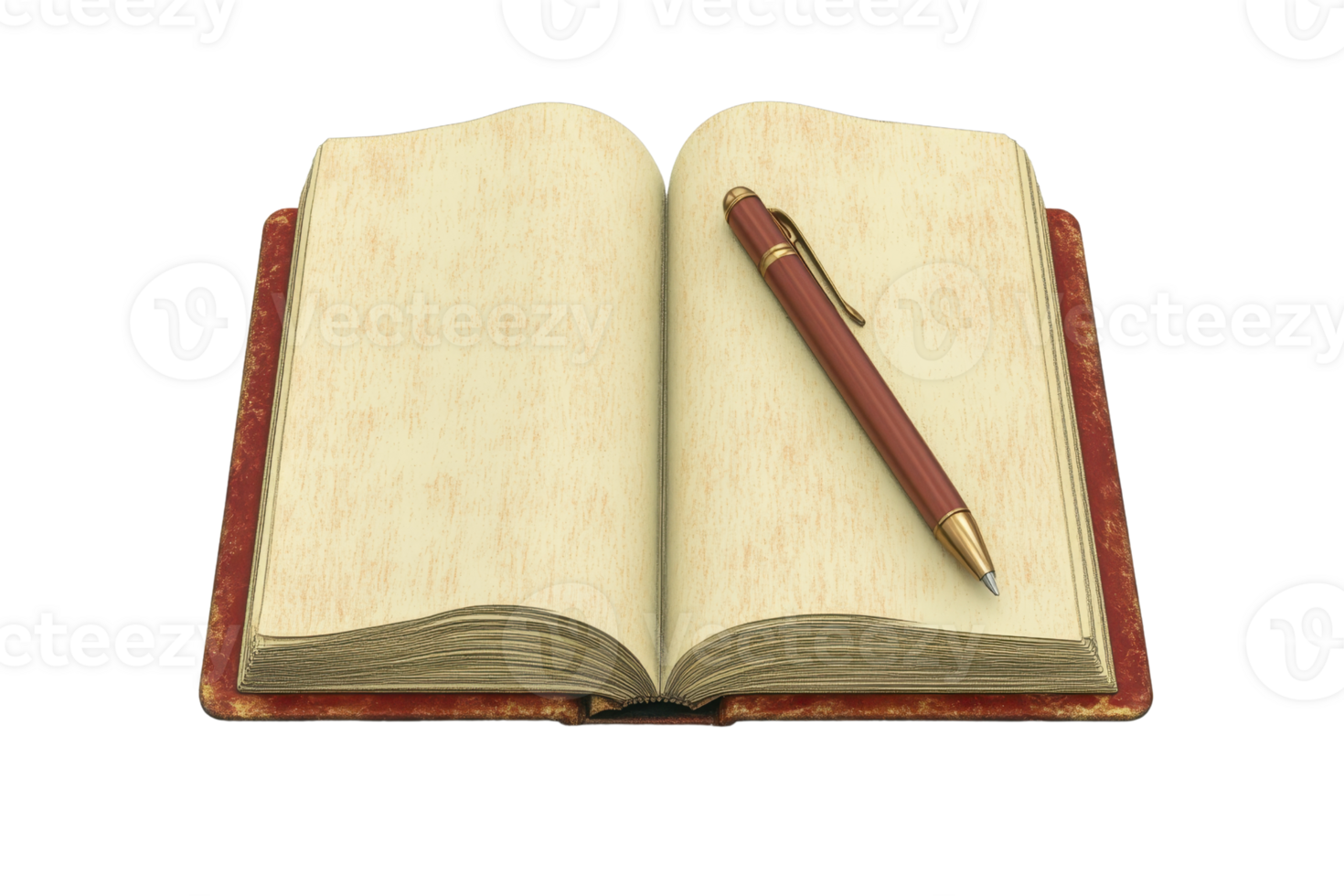 Open vintage book with blank pages and a pen resting on top, ready for writing or note-taking. Ideal for literature, education, and creativity concepts. png