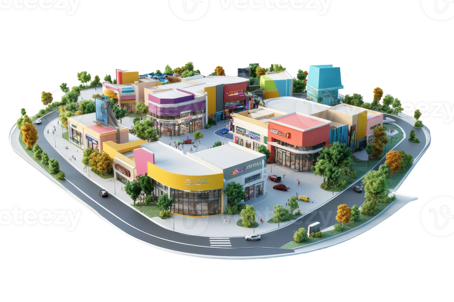 Modern shopping complex with colorful buildings, green landscape, and surrounding road. Ideal for retail and urban designs. png