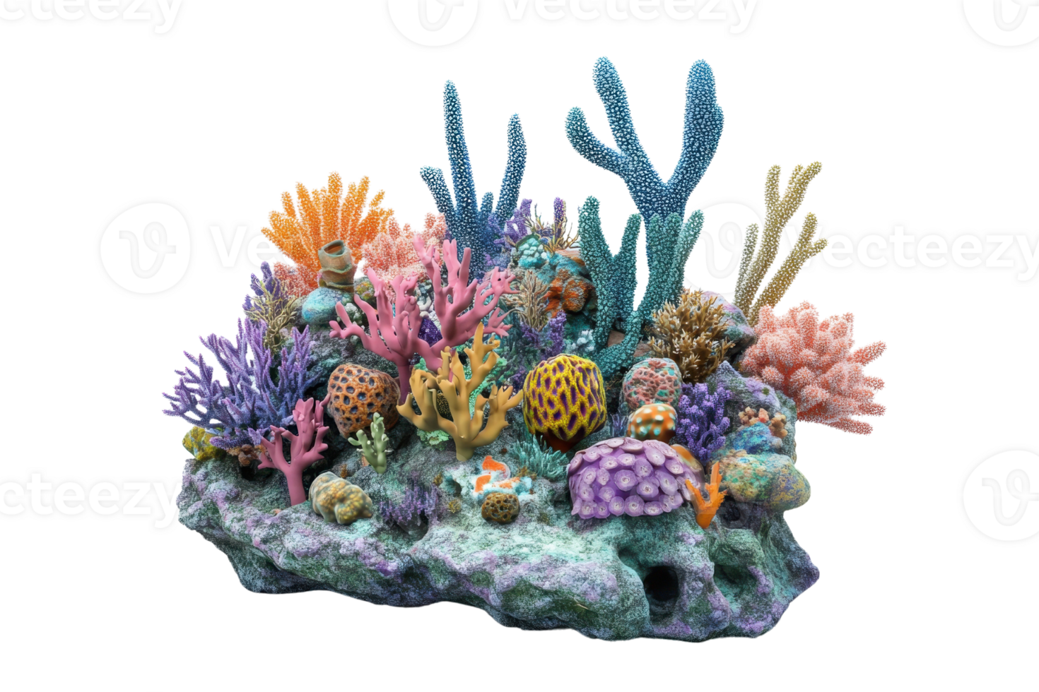 Vibrant coral reef with colorful marine life and various coral species in a diverse underwater ecosystem. png