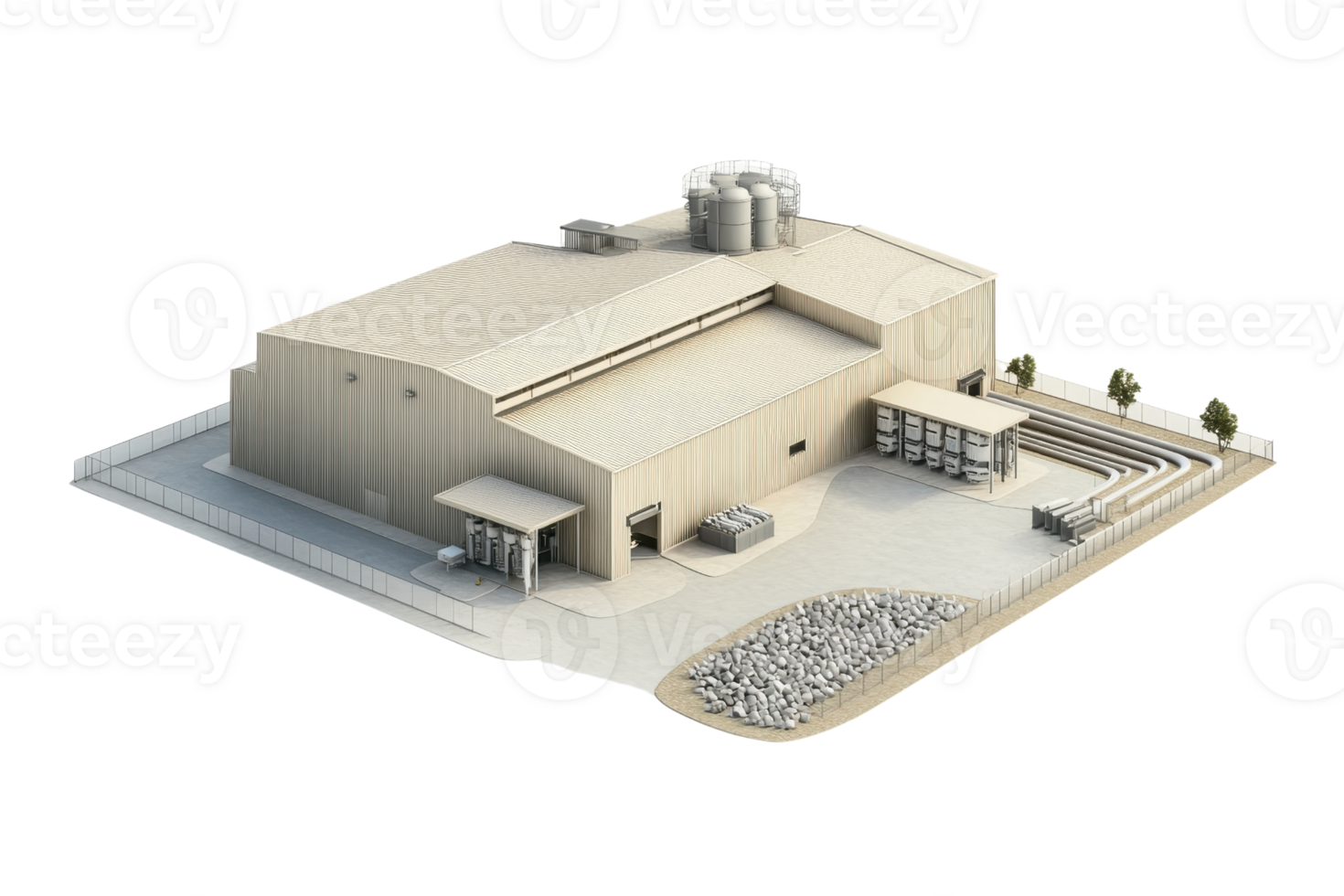 A 3D rendering of an industrial warehouse building with surrounding cargo and structures, showcasing modern architecture and design. png