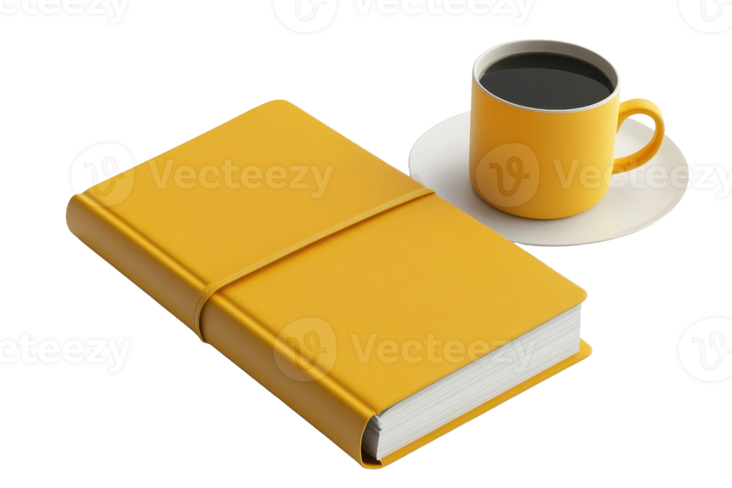 Yellow notebook with elastic band next to a yellow coffee cup on a white saucer. Perfect for productivity and creative work setups. png