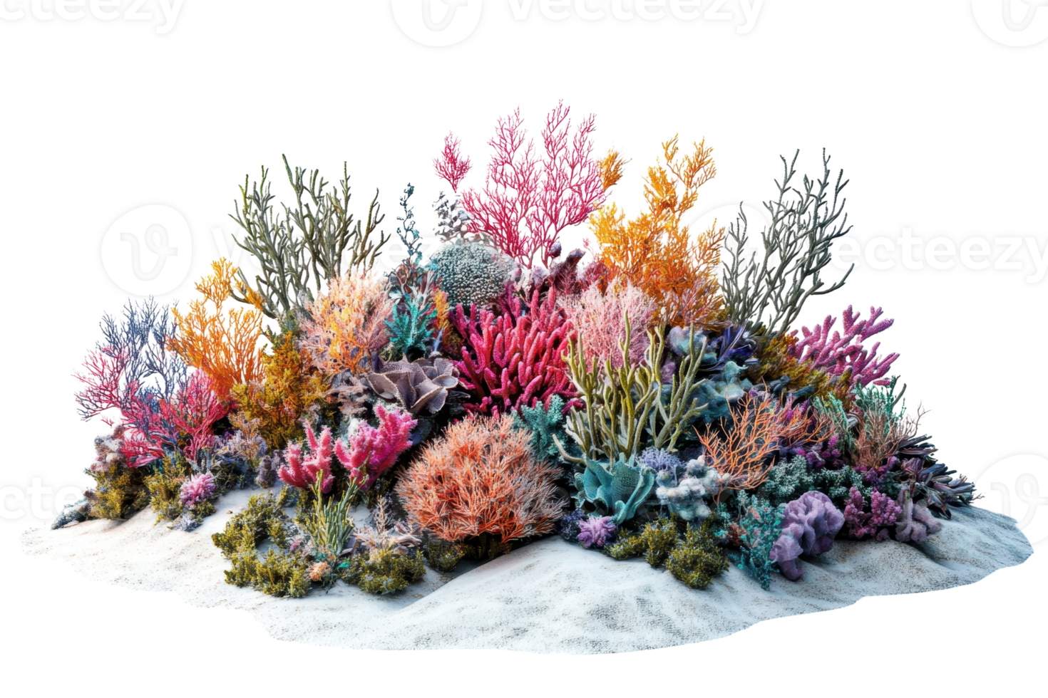Vibrant coral reef with a variety of colorful corals and marine life, isolated on a transparent background. png