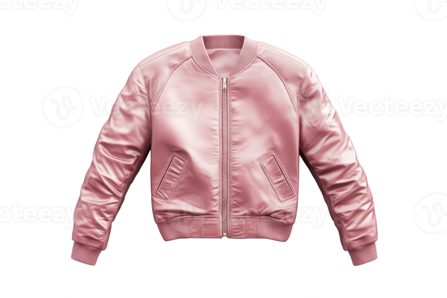 Stylish pink satin bomber jacket with front zipper and pockets, isolated on a transparent background. Modern outerwear fashion for trendy looks. png