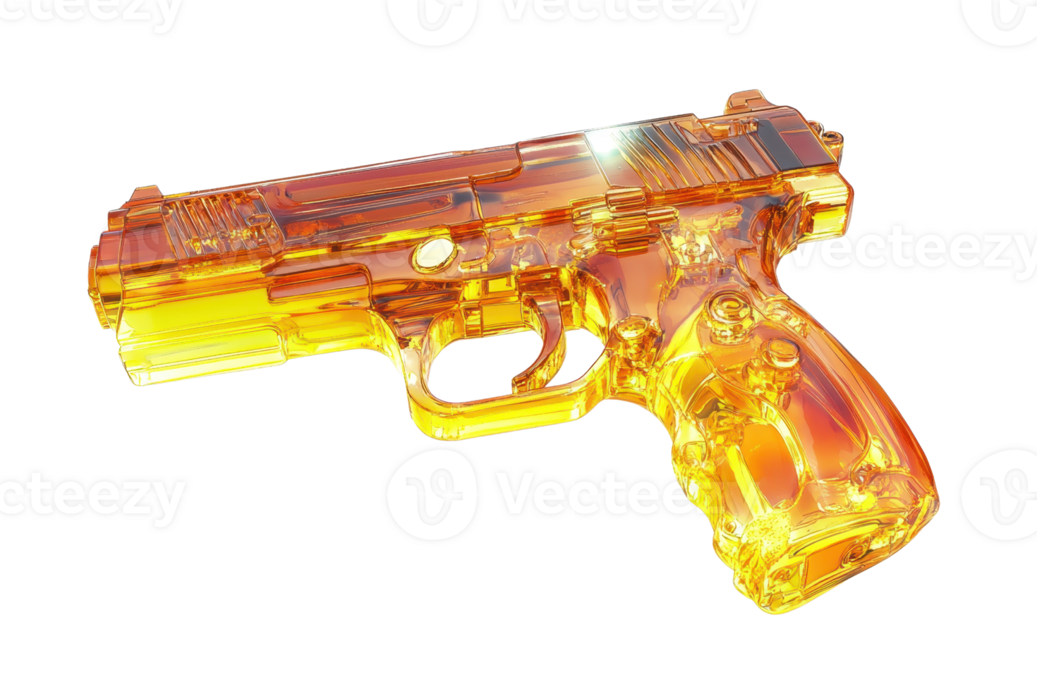 Transparent orange plastic toy gun with light reflections, isolated on a transparent background. High-resolution stock photo for diverse uses. png
