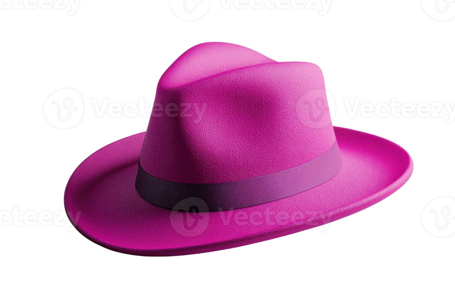 Stylish pink fedora hat with a dark purple band isolated on a transparent background. Perfect for fashion concepts and accessory highlights. png