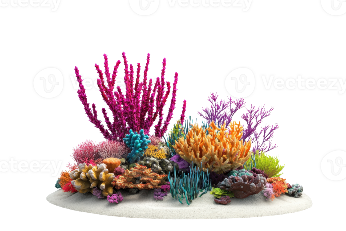 Vibrant coral reef filled with colorful corals against a transparent background. showcasing marine biodiversity and underwater beauty. png
