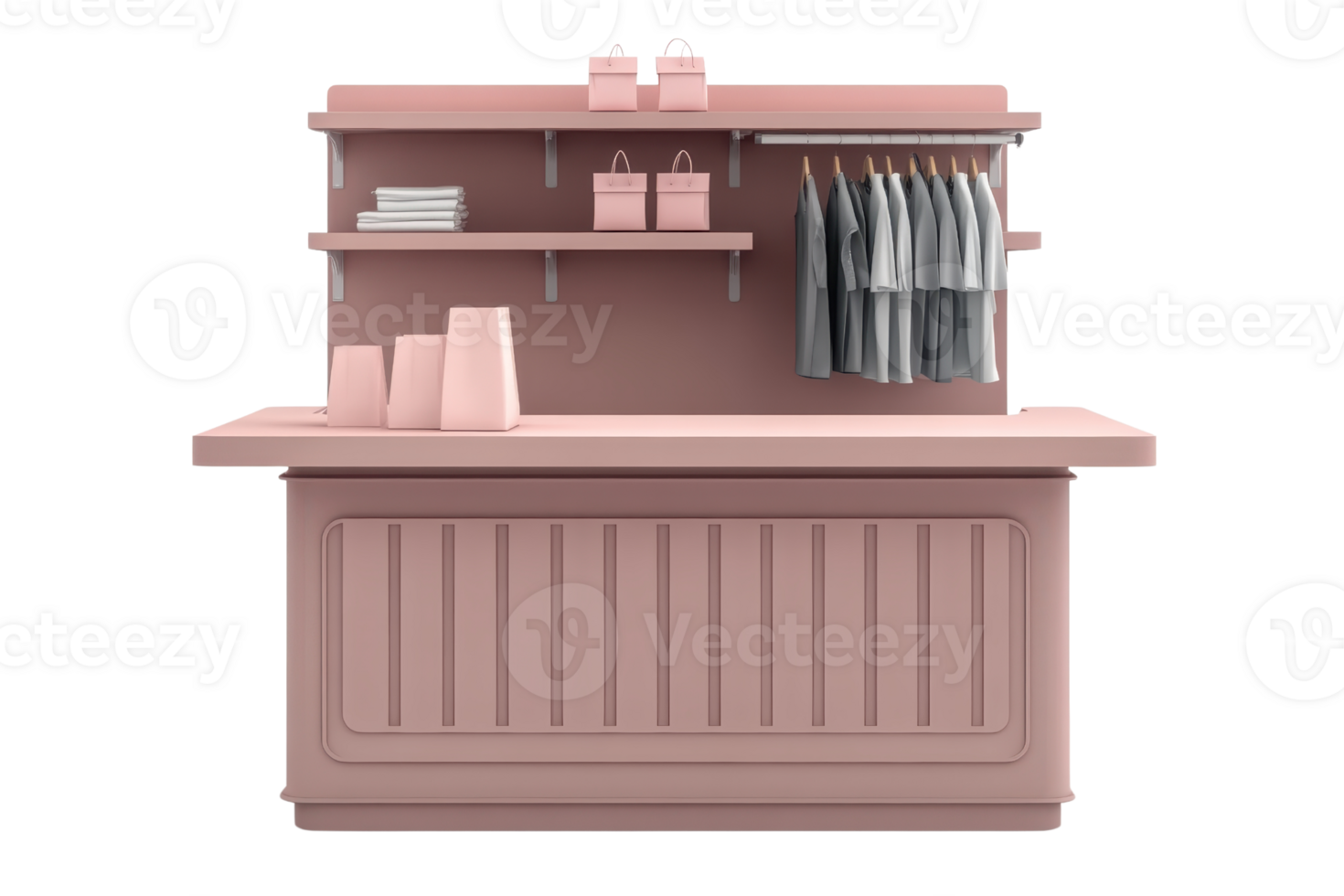 Modern boutique counter with neatly arranged clothes, gift boxes, and shelves, representing retail store interior design. png