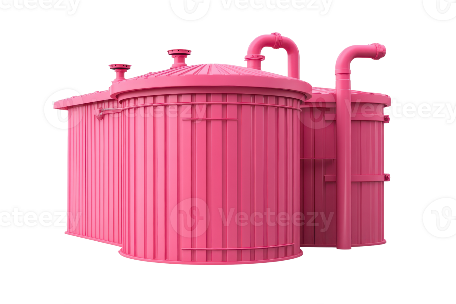 Pink industrial tanks with connected pipes. Modern storage containers for liquid or gas in a commercial setting, isolated on transparent background. png