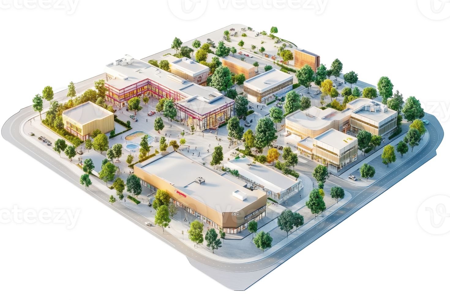Aerial view of a small town with buildings, trees, and roads. Ideal for urban development, landscape design, and community planning visuals. png