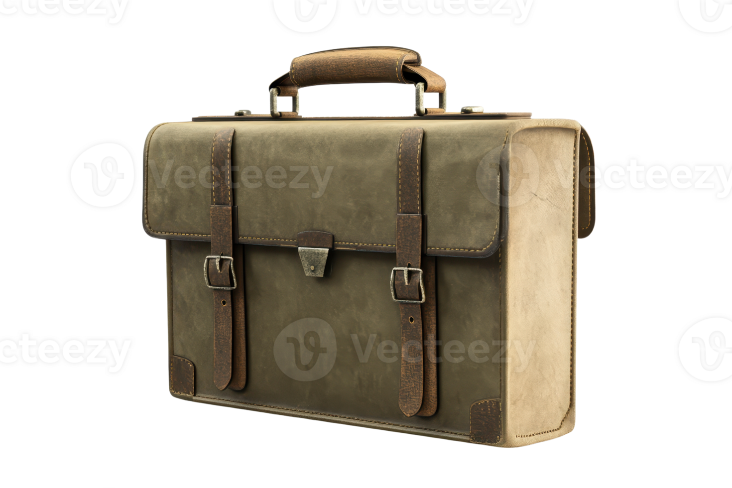 Vintage brown leather briefcase with buckles and handle isolated on transparent background. ideal for business, travel, and fashion concepts. png