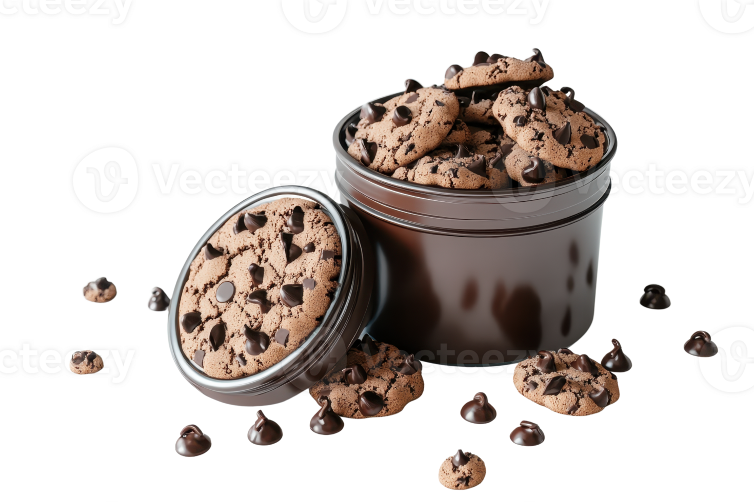 Delicious chocolate chip cookies overflowing from a container, surrounded by chocolate chips, perfect for a snack or dessert indulgence. png