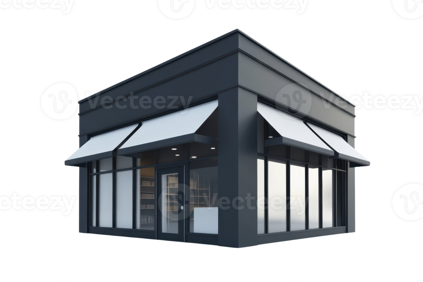 Modern black commercial building with large windows and white awnings, ideal for retail, restaurant or office space. png