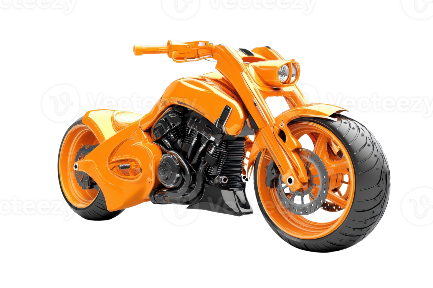 Bright orange custom motorcycle with sleek design, showcasing powerful engine and unique styling, perfect for bike enthusiasts and collectors. png