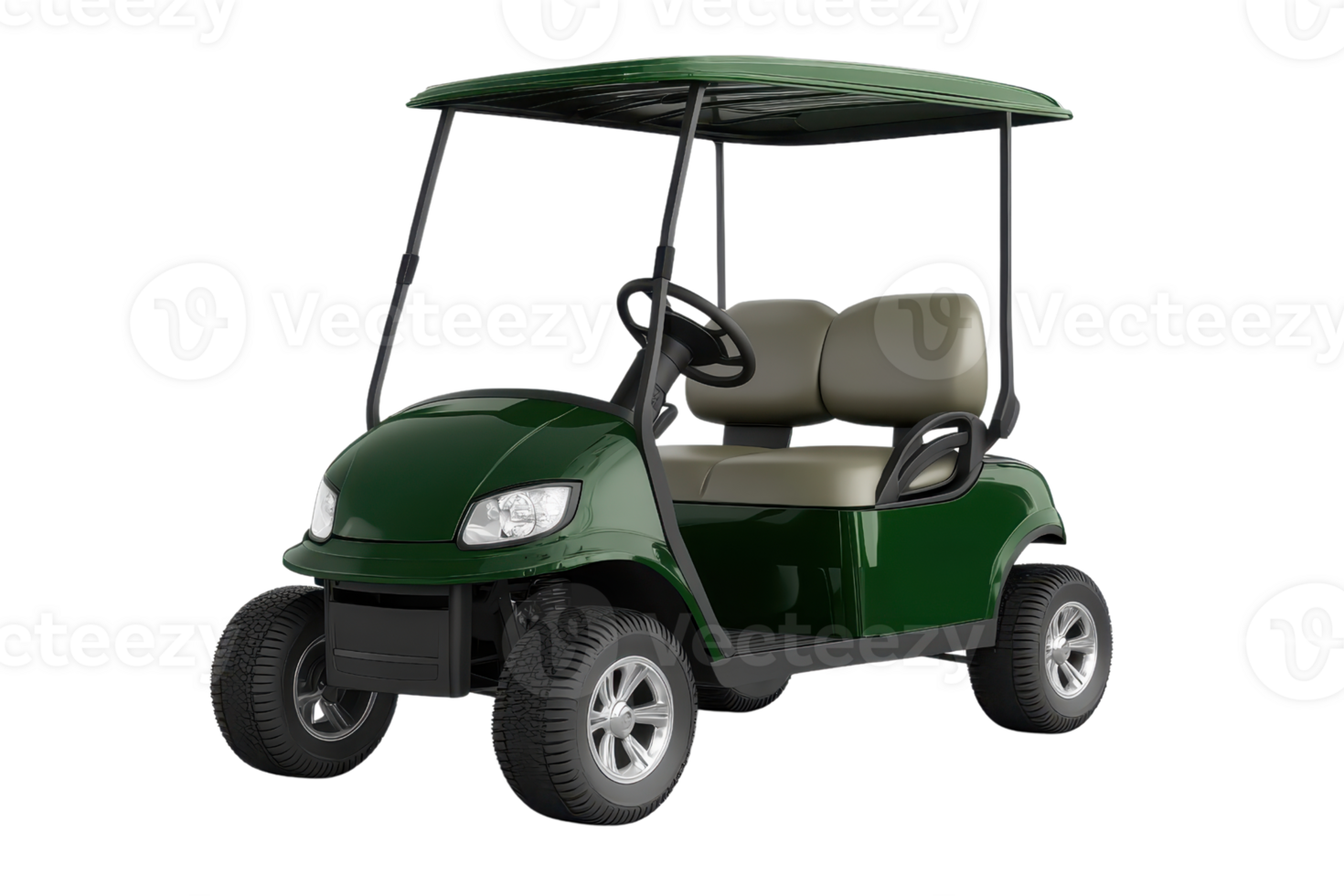 Green golf cart with beige seats, electric powered, ideal for golf courses, resorts, or personal use in outdoor areas. png
