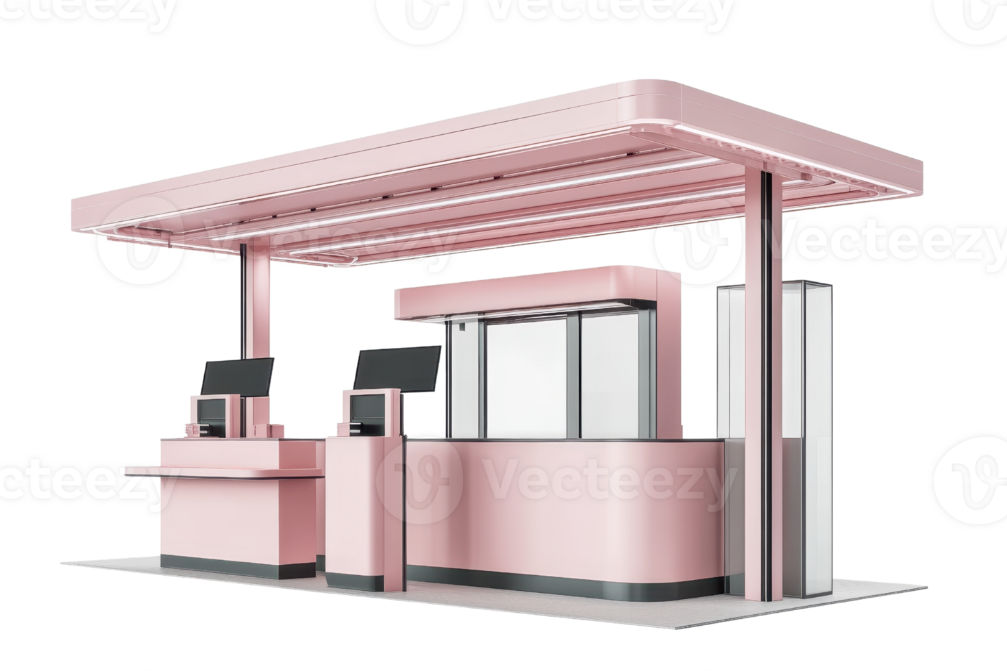 Modern pink kiosk with canopy and self-service terminals. Ideal for fast food, beverages, and convenience services. Futuristic design. png