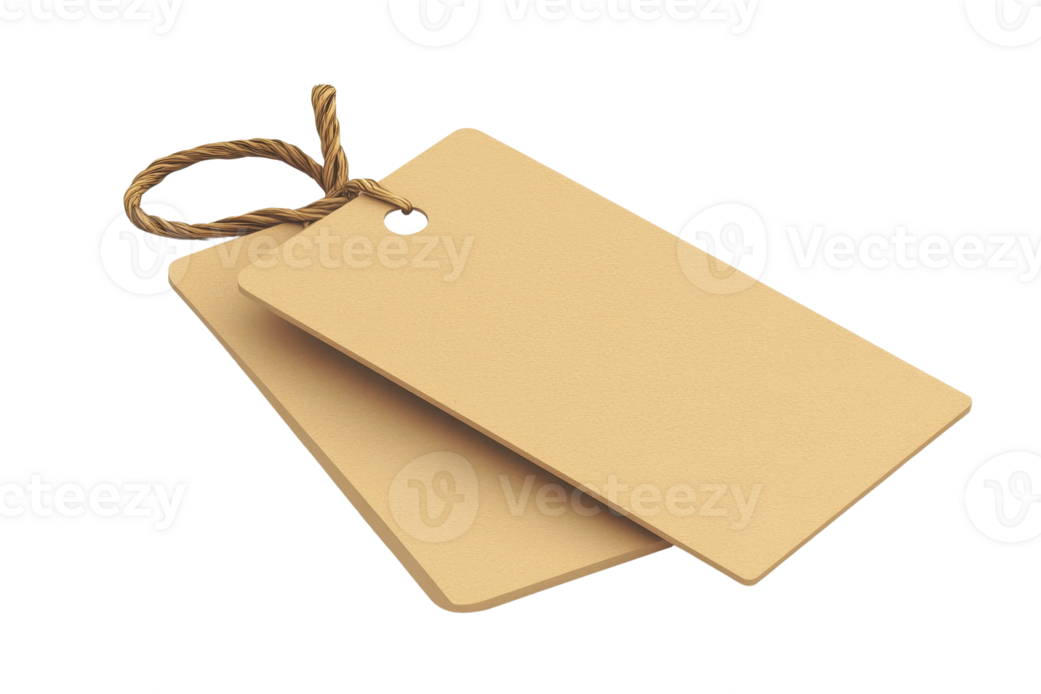 Pair of blank brown tags tied with a string. Ideal for labeling, pricing, or gift wrapping. Neutral design suitable for various uses. png