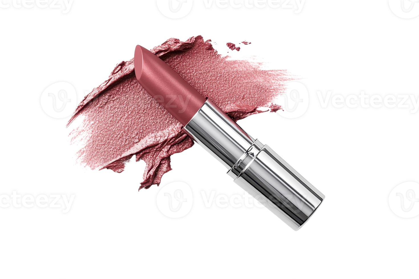 High-quality pink lipstick with a silver case on a textured lipstick smear background. Ideal for beauty, makeup, and cosmetics projects. png