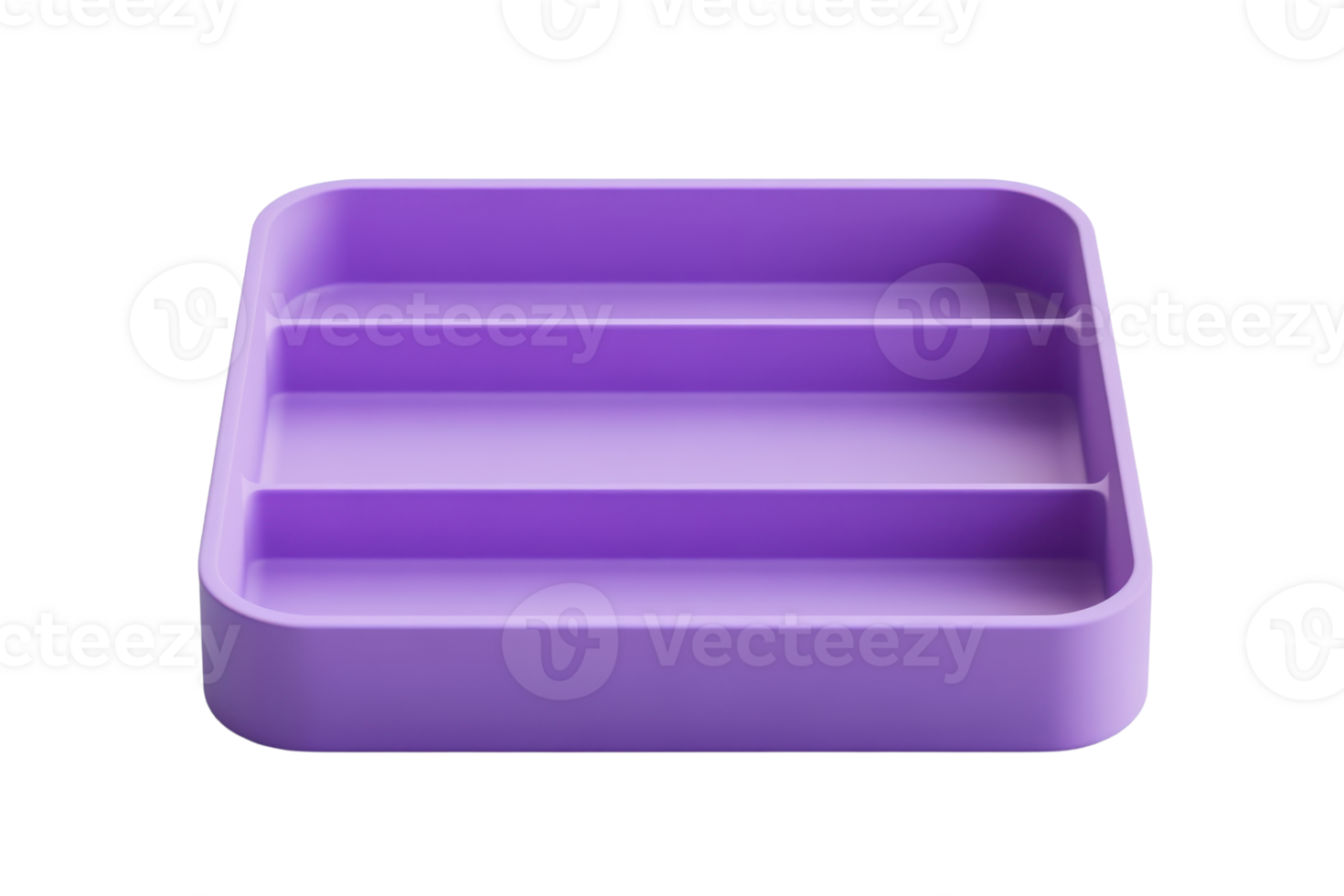 Purple rectangular plastic organizer with three compartments, ideal for office supplies or small items. Neat storage solution for desk or drawer. png