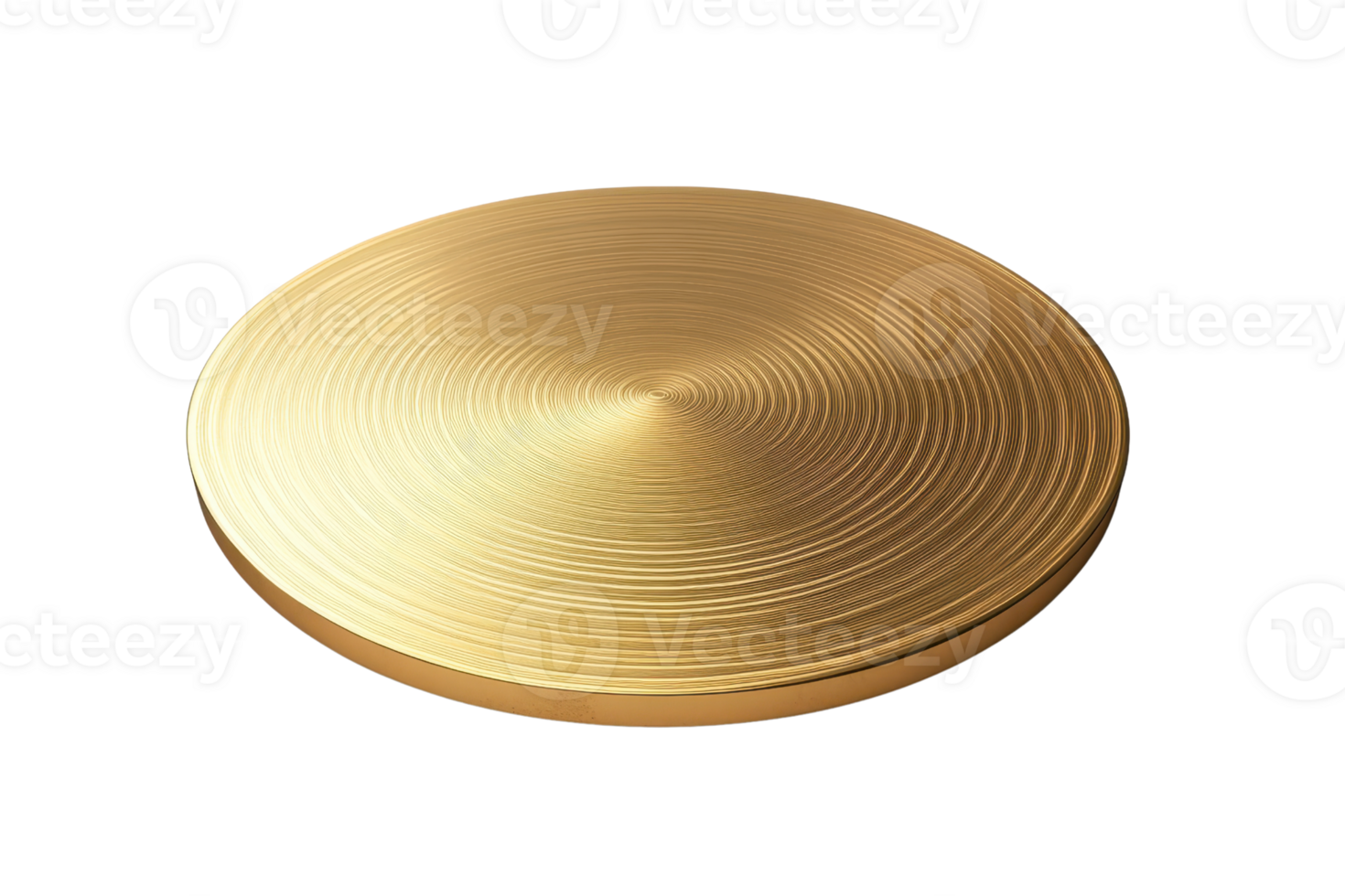 Close-up of a polished gold disc with concentric circular patterns, isolated on a transparent background. Perfect for design and industrial use. png
