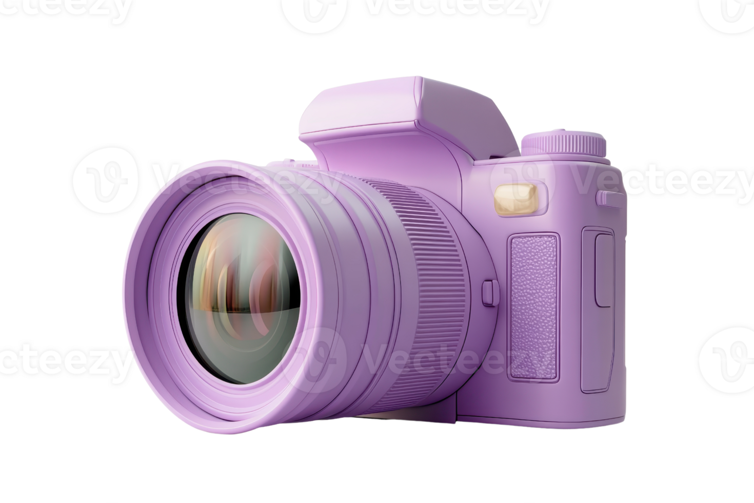 Lilac-colored DSLR camera with a large lens on a transparent background., showcasing vibrant and modern photography equipment. png
