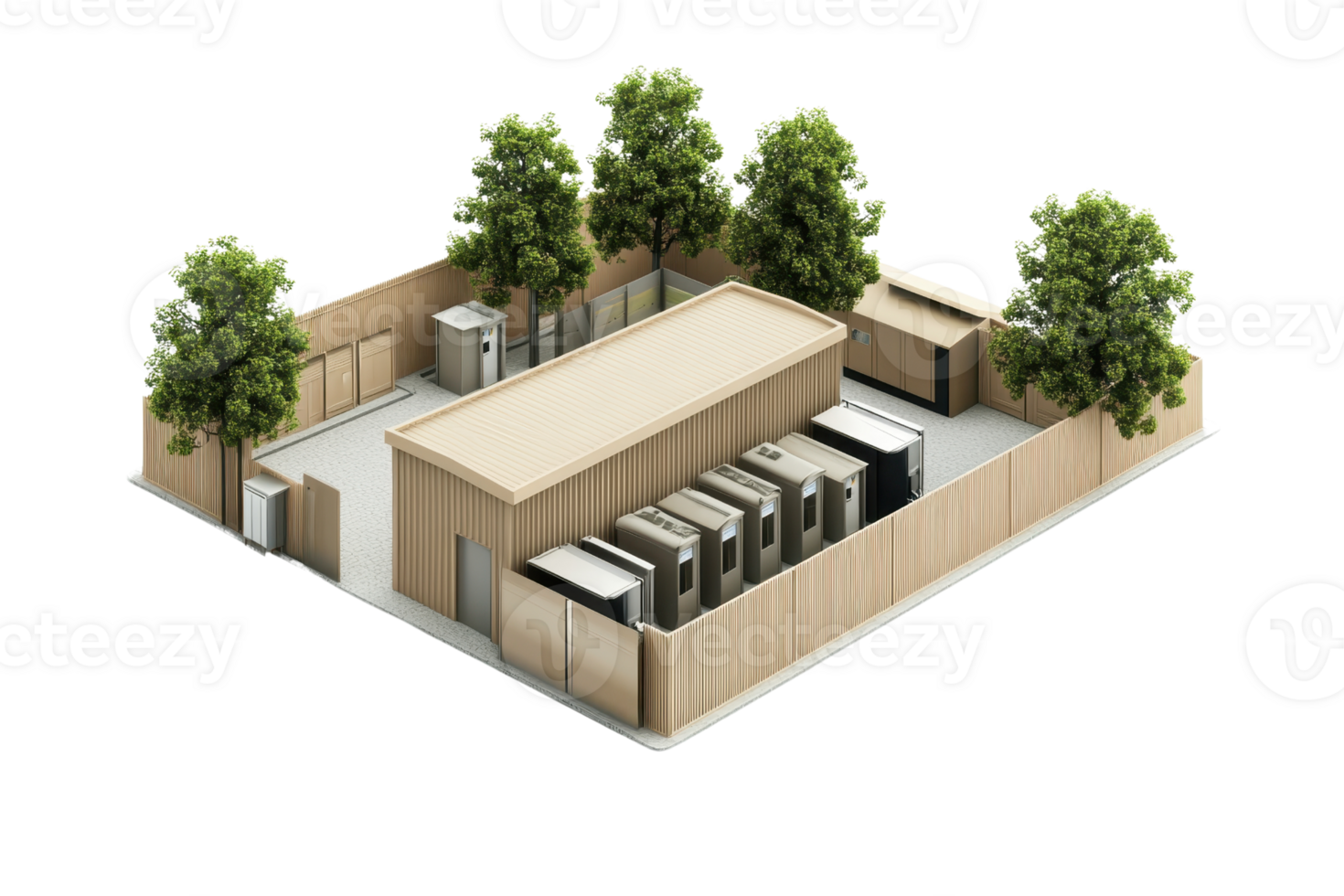 Aerial view of a modern data center compound with cooling units and trees, emphasizing secure, eco-friendly technology infrastructure. png