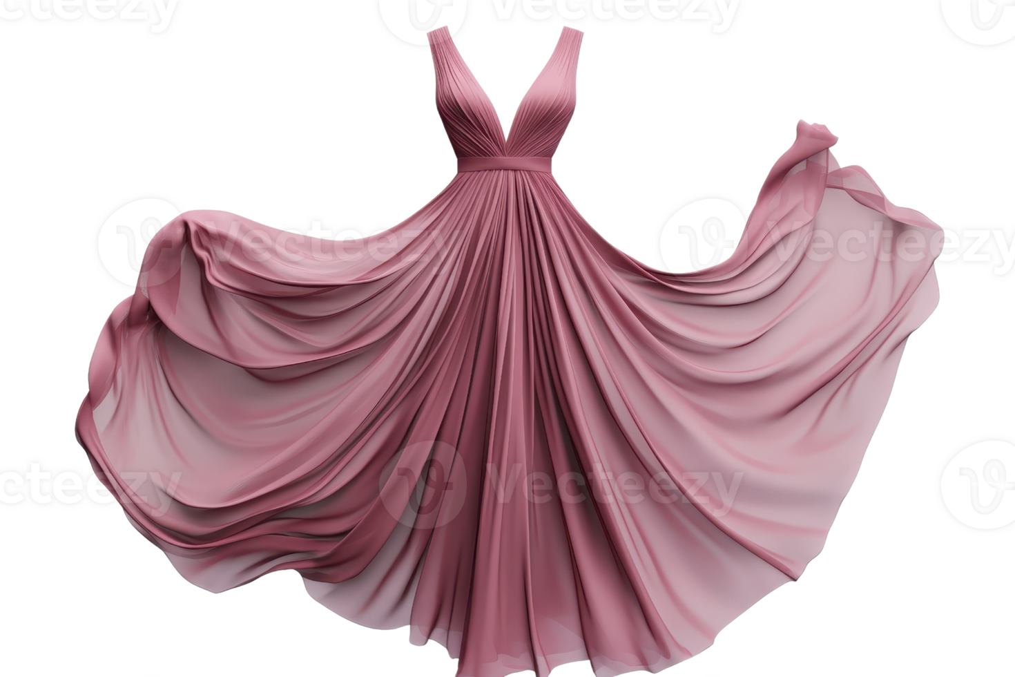 Elegant pink evening dress with flowing fabric and deep V-neck, perfect for formal events and glamorous occasions. png
