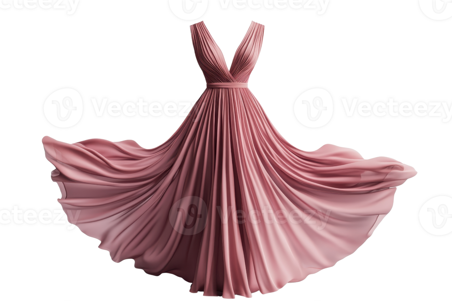 Elegant pink evening gown with a flowing skirt and deep V-neckline, perfect for formal events and special occasions. png