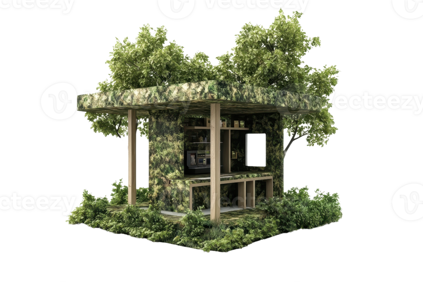 Modern green eco-friendly tiny house concept with plants and trees, sustainable organic architecture in nature. png