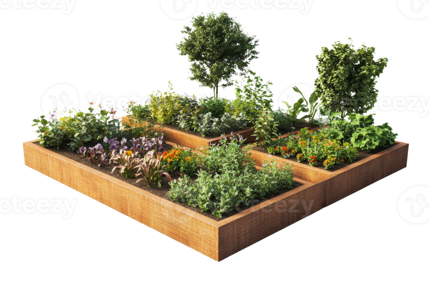 Elevated garden bed with various plants and flowers, showcasing a beautiful and organized planted area for a home garden. png