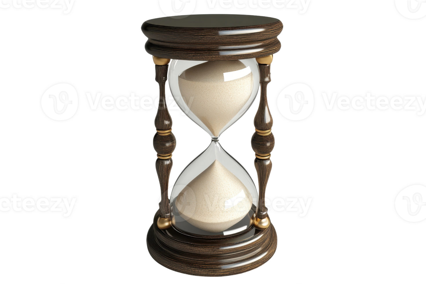 Classic hourglass with wooden frame and sand running through. Symbol of time, countdown, and vintage style. Perfect for decor and illustration. png
