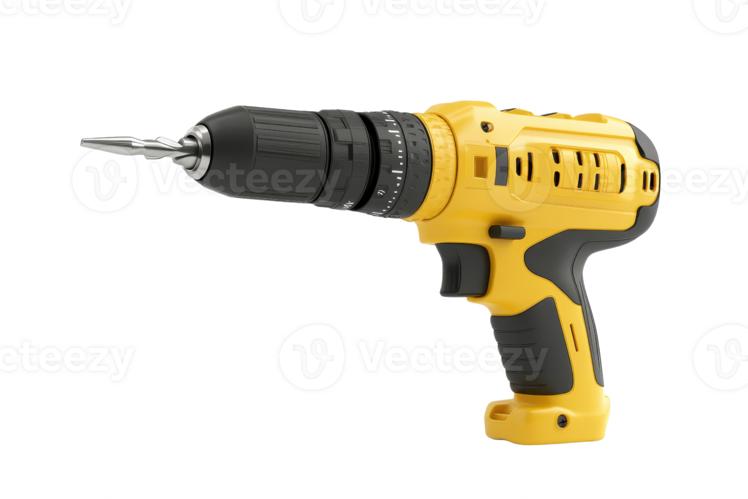 Close-up of a yellow cordless drill with a black grip and bit installed, isolated on a transparent background. ideal for DIY or construction projects. png
