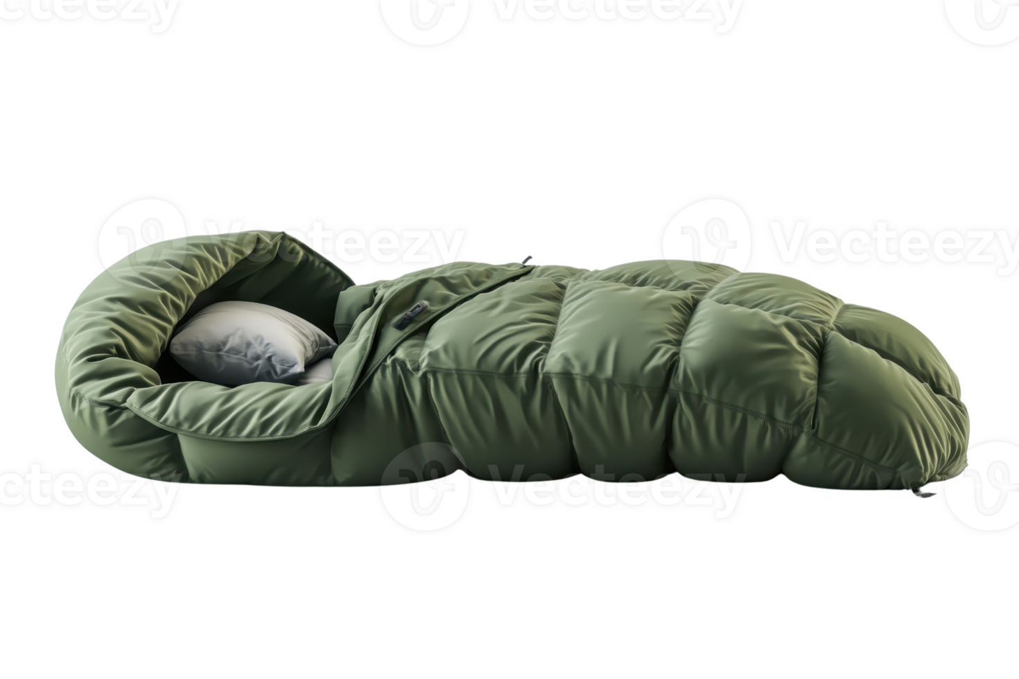 Comfortable green sleeping bag with pillow, ideal for camping and outdoor adventures during all seasons. In-depth and close-up view. png