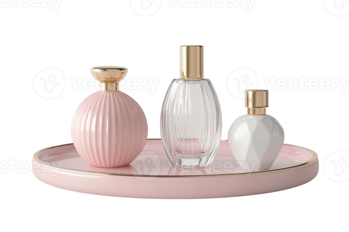 Elegant perfume bottles set on a stylish pink tray, perfect for beauty and fragrance presentations or product displays. png