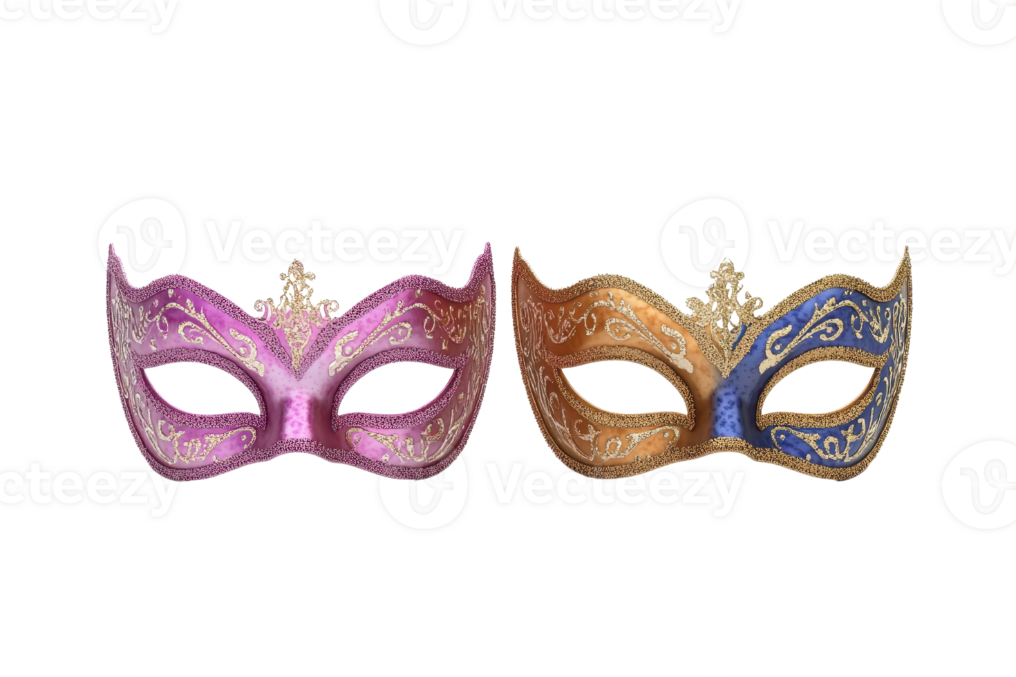 Elegant pink and gold masquerade masks with intricate designs, perfect for parties, festivals, and celebrations, isolated on transparent background. png