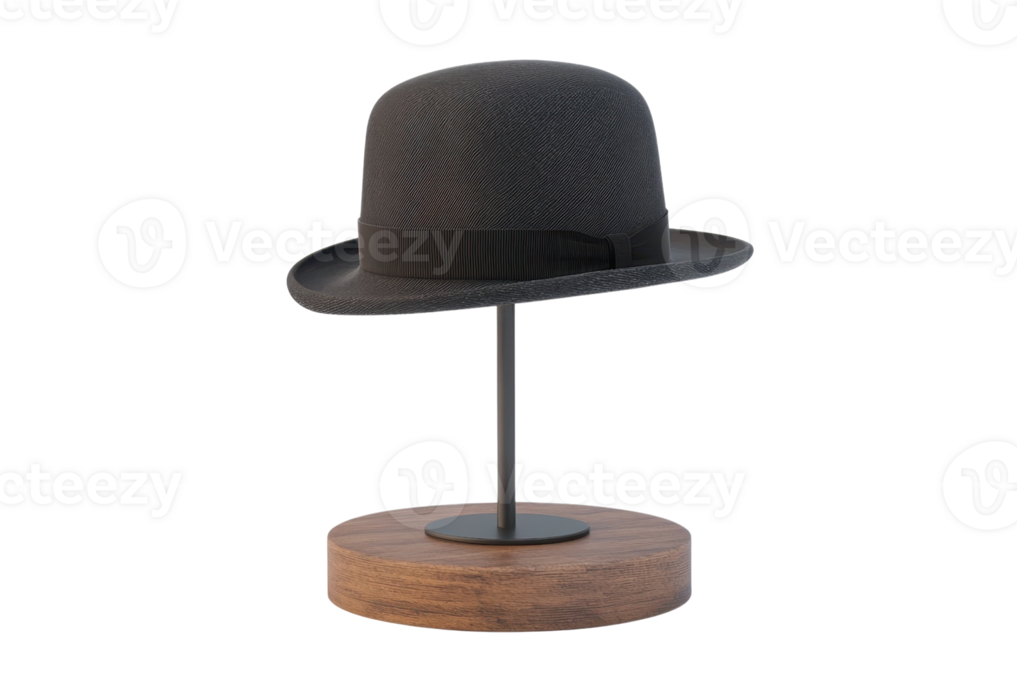 Elegant black bowler hat on a stylish wooden stand, perfect for classic fashion and vintage accessory enthusiasts. png
