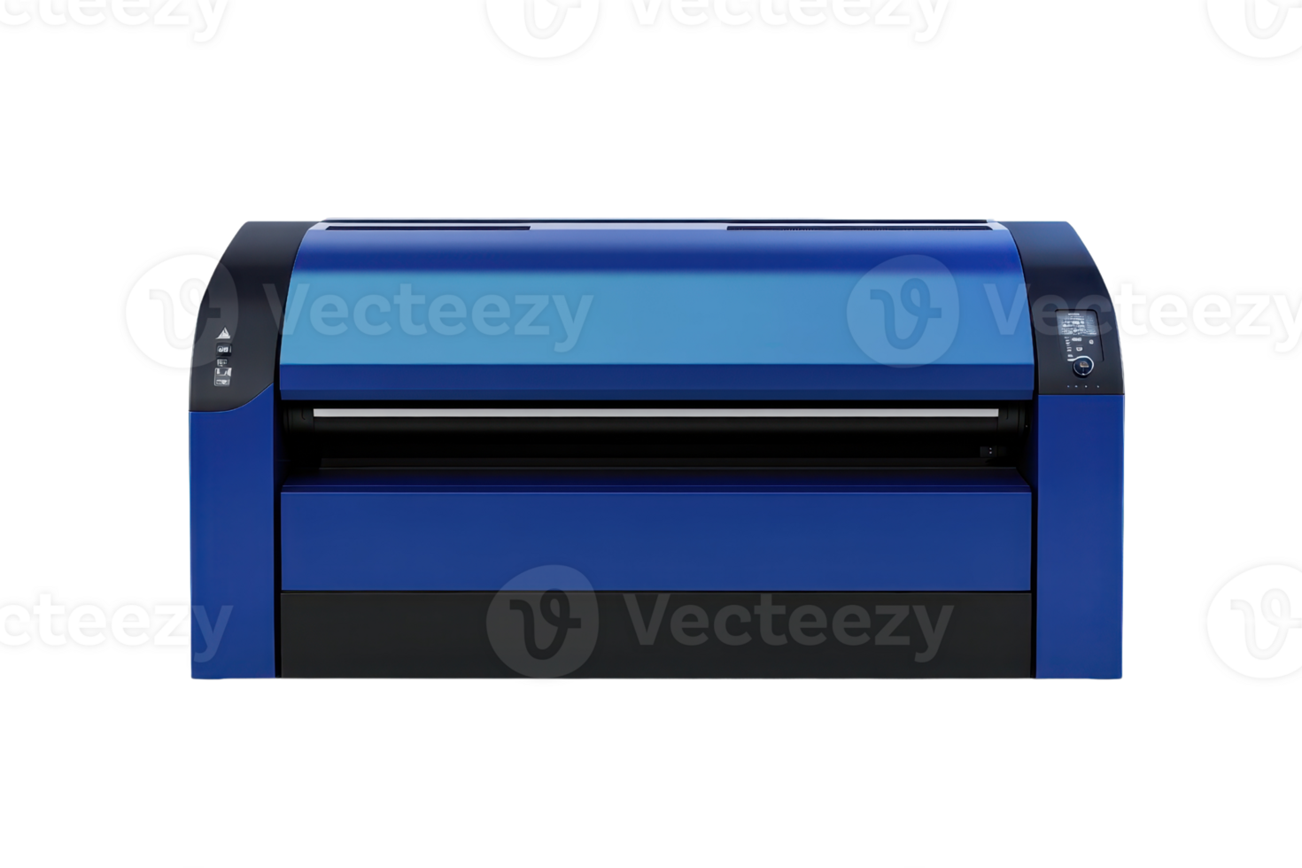 Front view of a modern blue industrial printer on a transparent background. High-resolution image ideal for printing, technology, and office themes. png