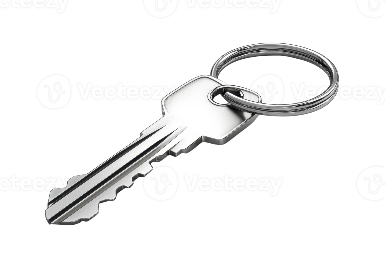 High-quality image of a metal key on a keyring, isolated on white. Perfect for themes of security, access, and home. png