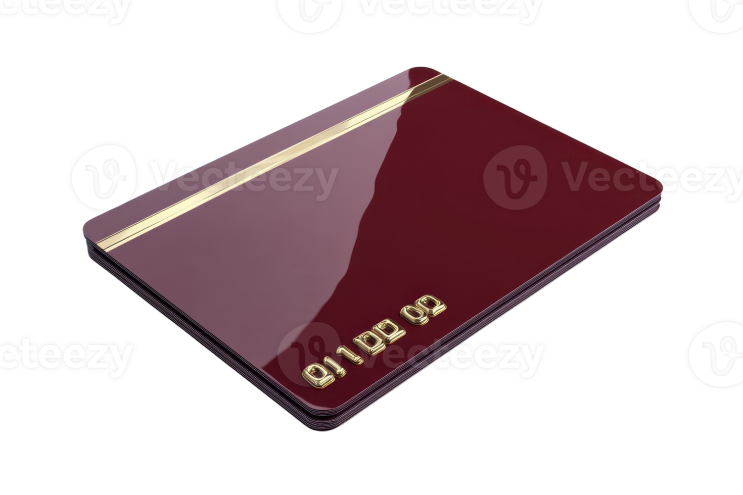 Close-up of a maroon credit card with golden print on a transparent background. focused on elegant design and detail. png