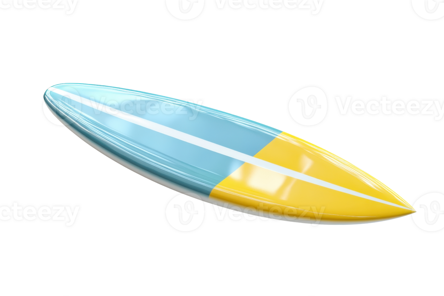 Colorful surfboard with blue and yellow design, ready for cutting through waves. Perfect for beach enthusiasts and water sports fans. png