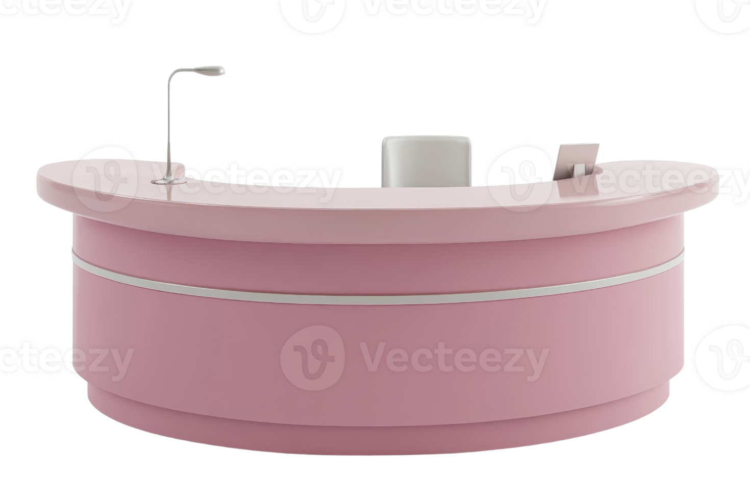 Modern pink curved reception desk with a sleek design, ideal for office, clinic, or hospitality settings. Minimalist and stylish furniture. png
