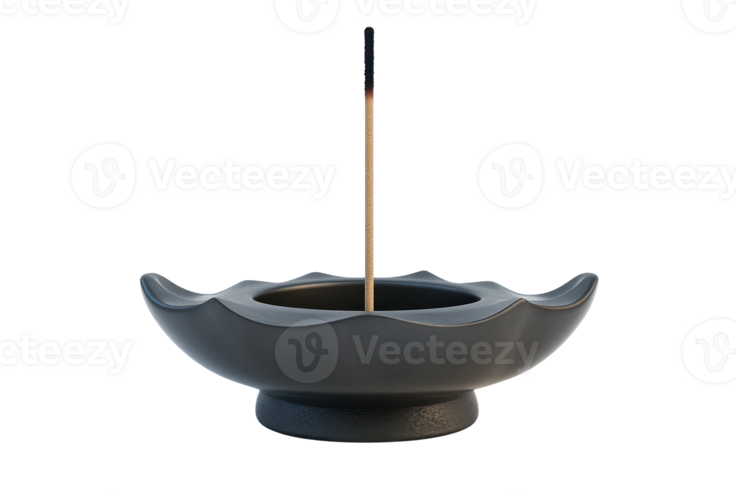 Minimalistic incense burner with stick, black ceramic bowl design, isolated on white, calm meditation ambiance, modern decor. png