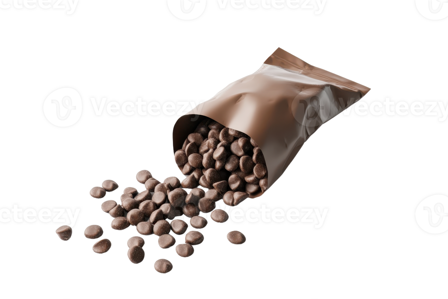 Open brown pouch with chocolate candies spilled out, isolated on transparent background. perfect for food and snack related themes. png
