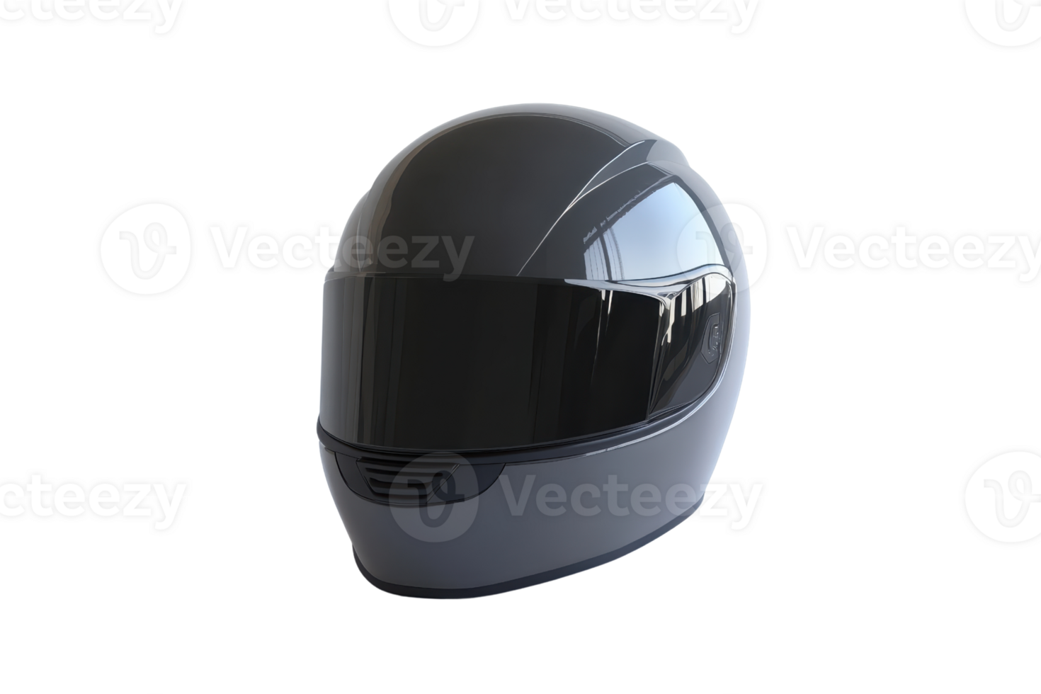 High-resolution image of a modern, black full-face motorcycle helmet with a reflective visor, isolated on a transparent background. png