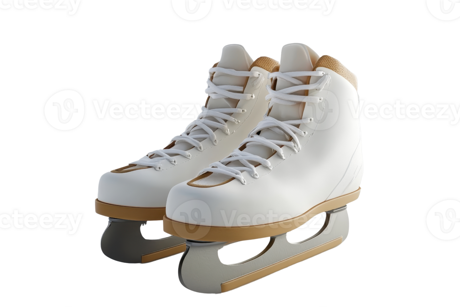 Pair of white ice skates with golden accents on a reflective surface. Ideal for winter sports, ice skating, and professional use. png